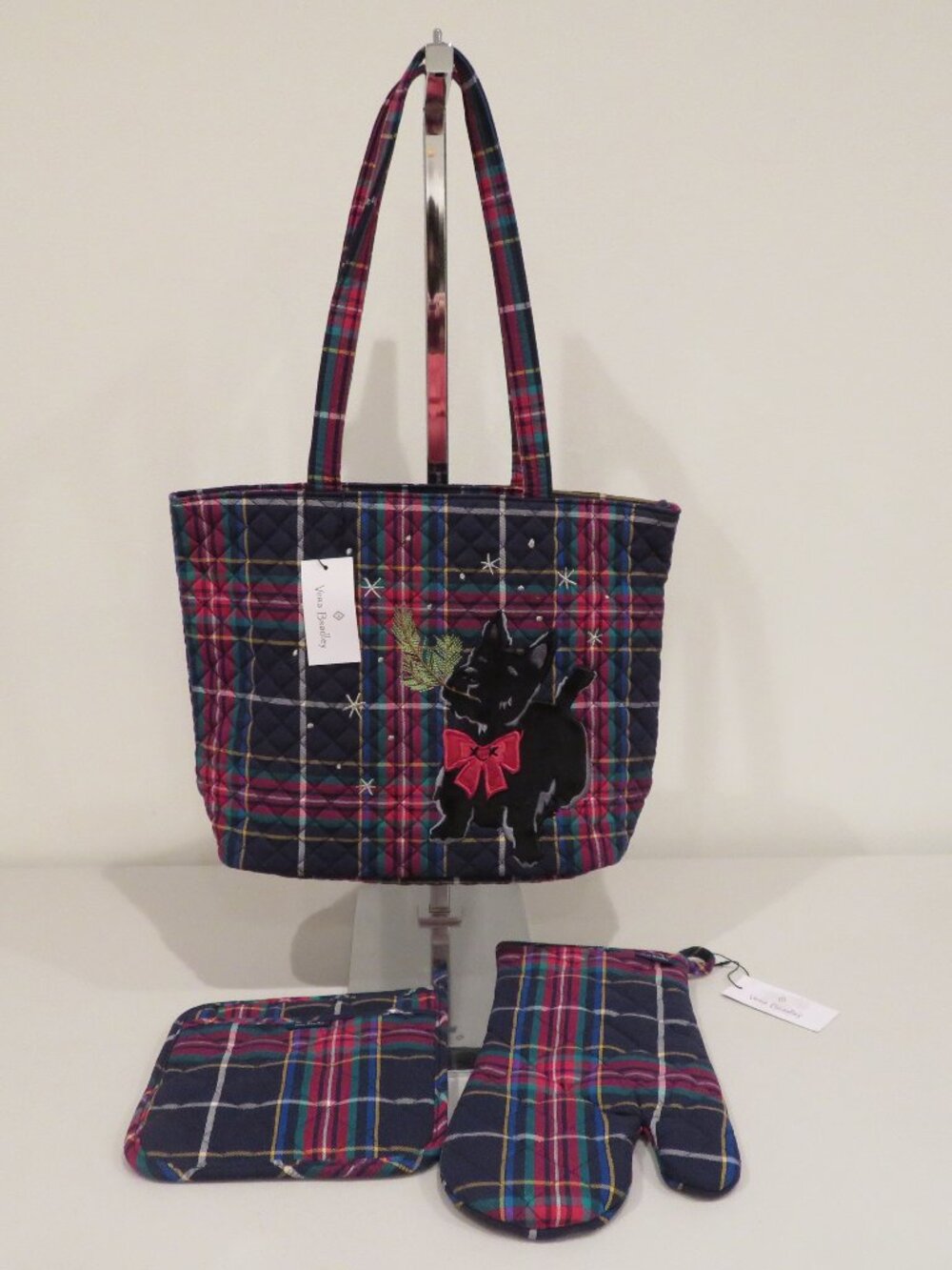 Vera Bradley Small Vera Tote Scottie Dog Plaid Bag Mitt & Pot Holder Set